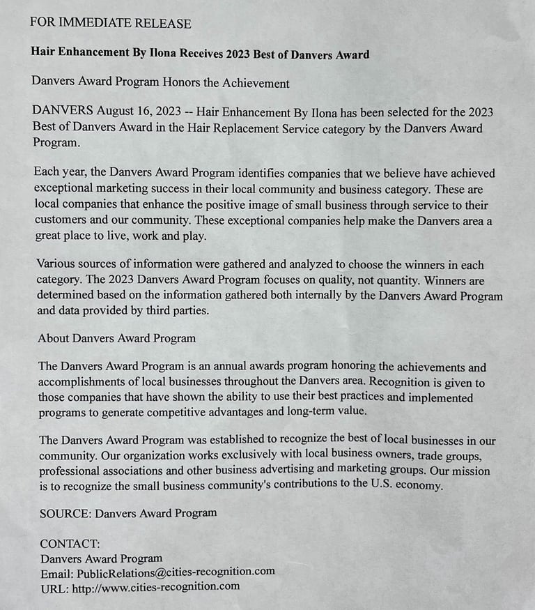 Hair Enhancement BY Ilona Receives Award 2023 Best of Hair Replacement in Danvers.MA