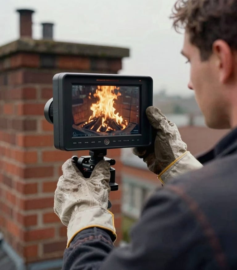 Close-up portrait of a chimney sweep in work attire, wearing protective gloves and examining a video inspection monitor, focused expression, warm golden firelight, shallow depth of field.