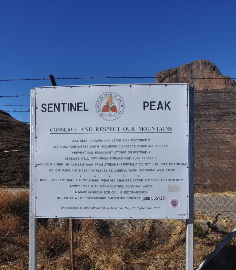 Sentinel peak car park sign, Drakensberg amphitheatre, South Africa 