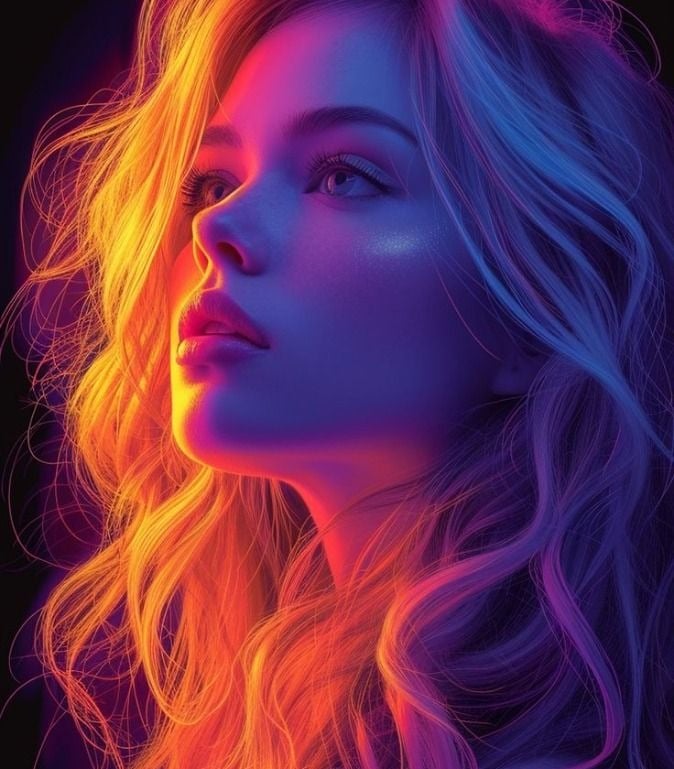 a woman with long blonde hair and a neon - lite up