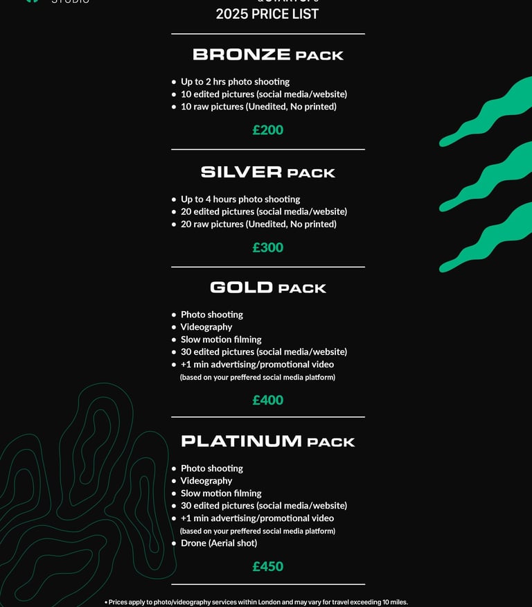 Fred Art Studio pricing charts for business packages.