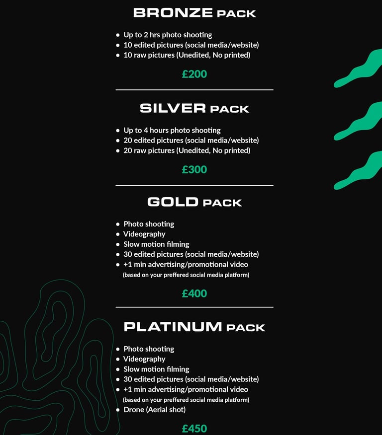 Fred Art Studio pricing charts for business packages.