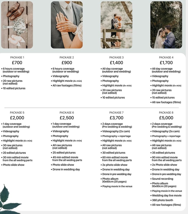 Fred Art Studio pricing charts for weddings