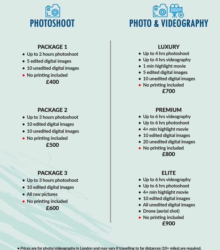 Fred Art Studio pricing charts for event and family photography and videography packages.