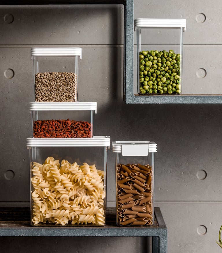 Product photography - a bunch of food items in containers on a shelf
