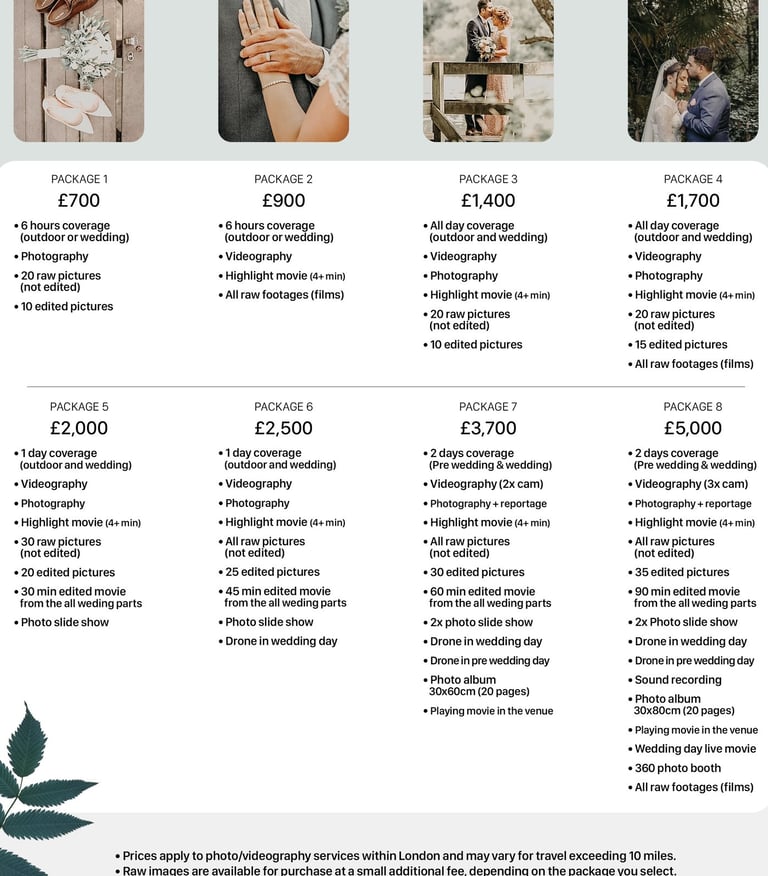 Fred Art Studio pricing charts for weddings