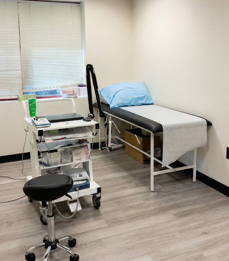 Neurology exam room with examination table and diagnostic equipment for neurological evaluations.