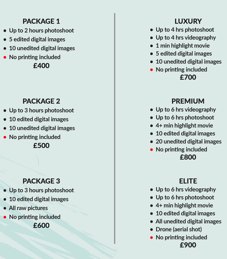 Fred Art Studio pricing charts for event and family photography and videography packages.