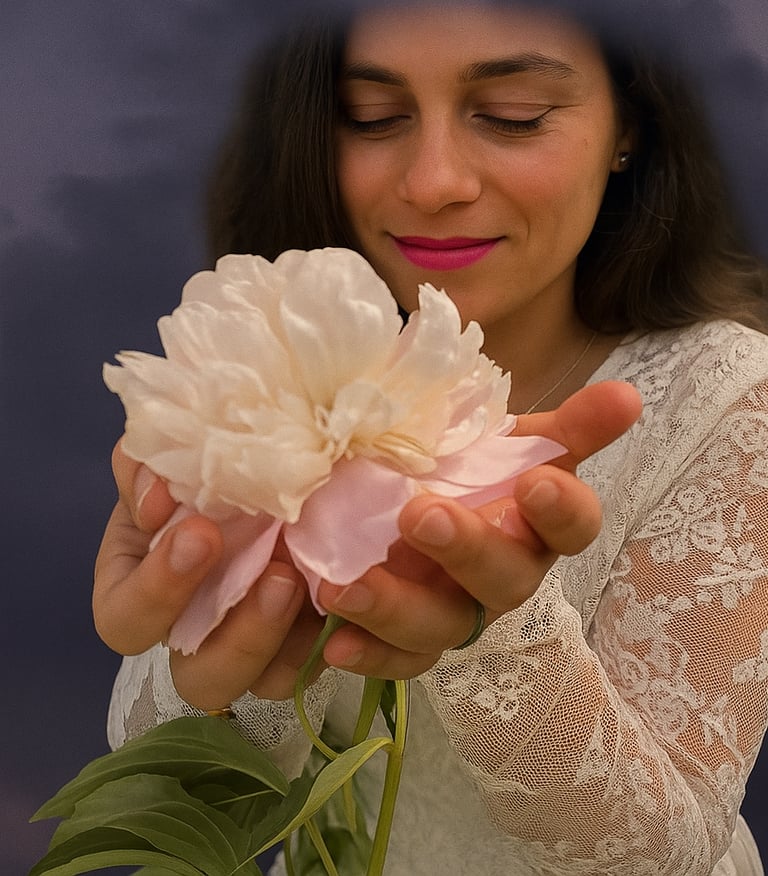 a woman holding a flower in her hands