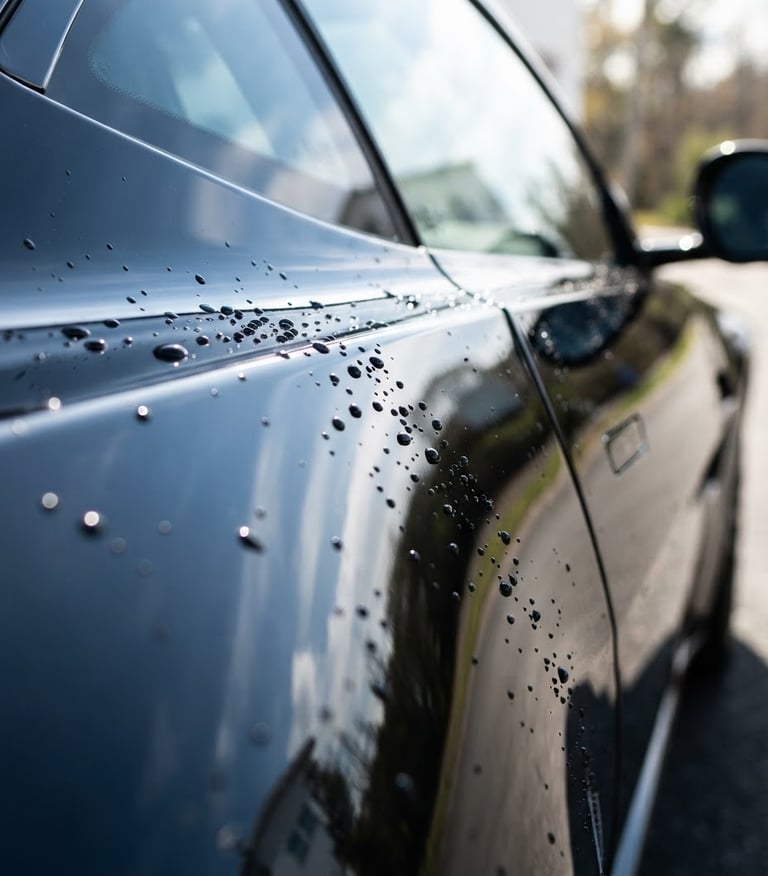 sharp automotive photography, extreme close-up of a perfectly polished car surface reflecting light, deep glossy reflections, high-contrast sunlight, 50mm lens, right side bleed