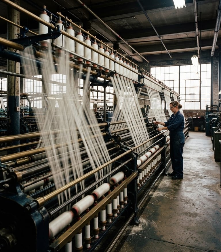 Wide shot of a high-speed textile spinning frame in operation, threads blurring in motion, industrial daylight streaming from large windows, crisp overhead factory illumination, deep navy and warm brass tones, sharp focus, 35mm