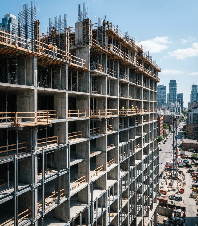 Wide shot of a modern building facade under construction, showing clean concrete forms and steel reinforcement, bright natural daylight, high-contrast shadows.
