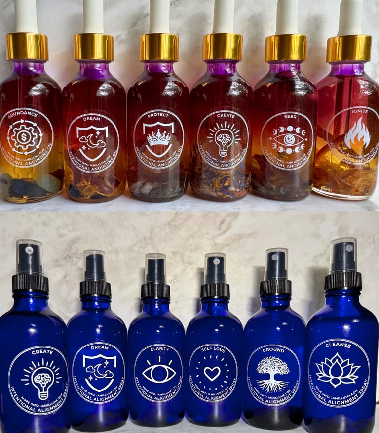 A product lineup of essential oil sprays and anointing oils in brightly colored bottles
