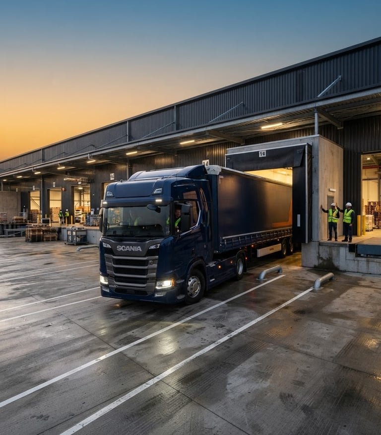 Modern heavy-duty freight truck reversing into a secure warehouse loading dock at dawn, crisp morning light, deep navy and industrial orange tones, wide-angle heroic lens.