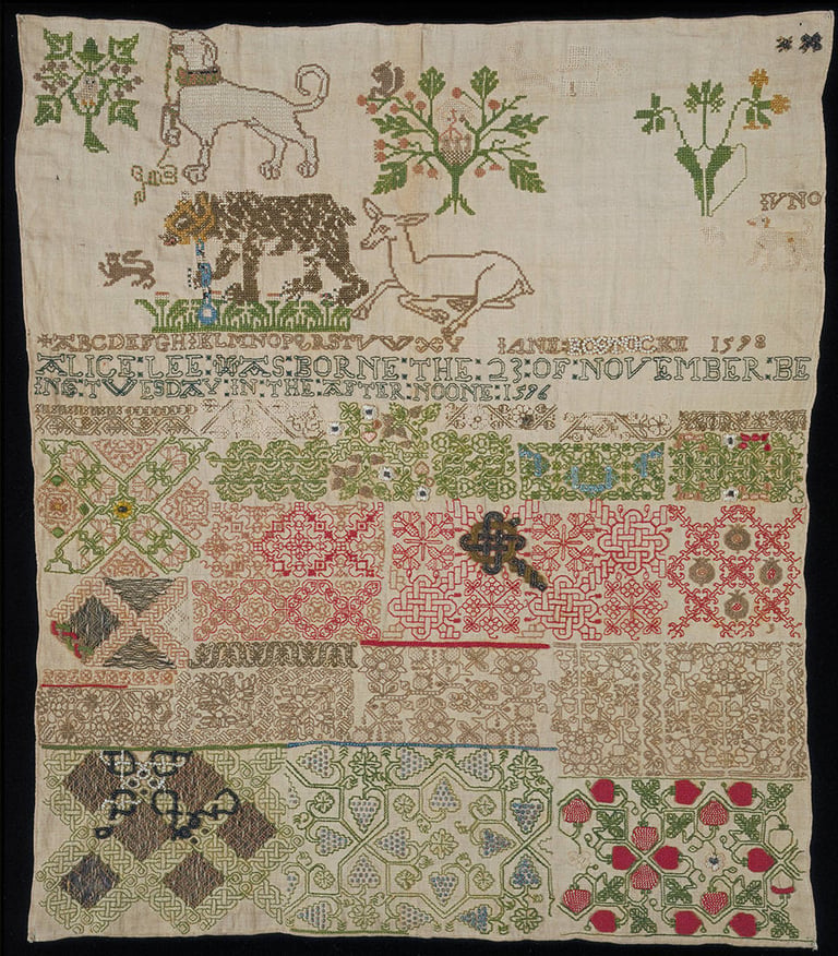 Oldest british embroidery sampler made by Jane Bostocke in 1598