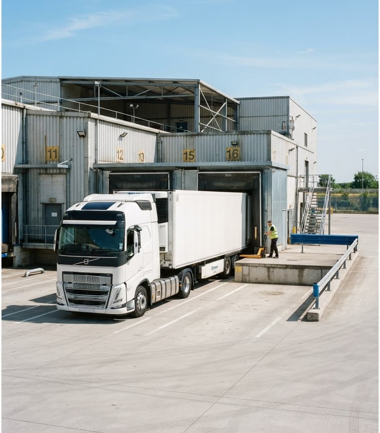 Wide panoramic shot of a modern heavy-duty commercial truck parked at a clean industrial loading dock, bright natural daylight, high-contrast.