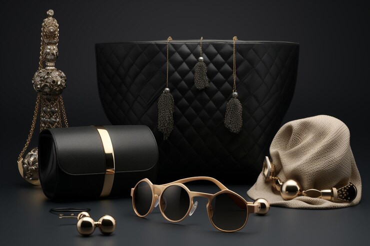 accessories including hair accessories, pins, hair bands, bags, perfumes, abaya fabric, leather bags