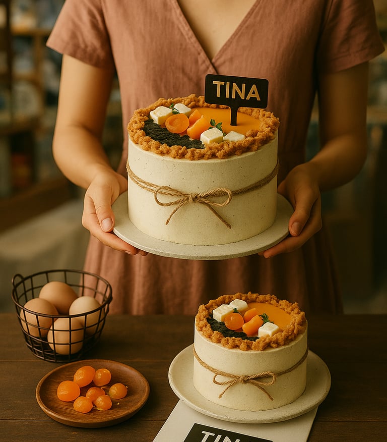 Bánh bông lan trứng muối mặn – TINA CAKE Nha Trang. Bánh kem mặn decor dây thừng mộc mạc, topping trứng muối, chà bông và phô