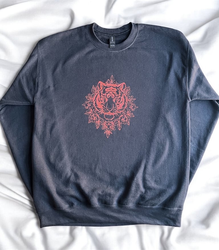 a floral tiger head embroidered onto a gilldan sweatshirt