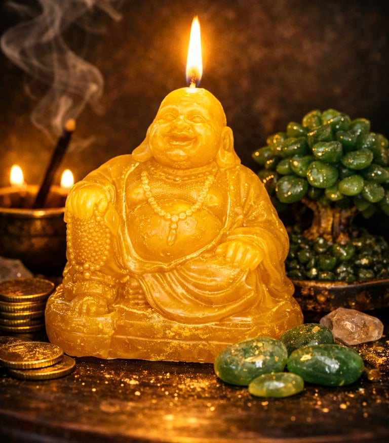 Esta vela representa el ritual del buda de la abundancia