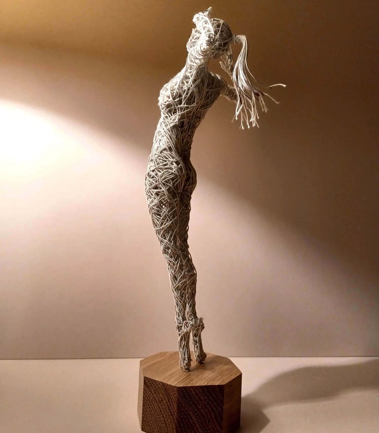 A cotton-covered wire sculpture of a standing female figure stretching with arms raised
