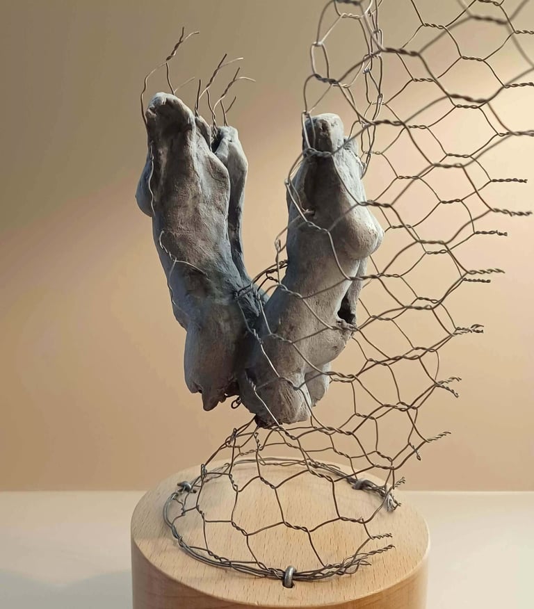A sculpture of two female torsos, back to back, surrounded by wire netting, painted blue-greys
