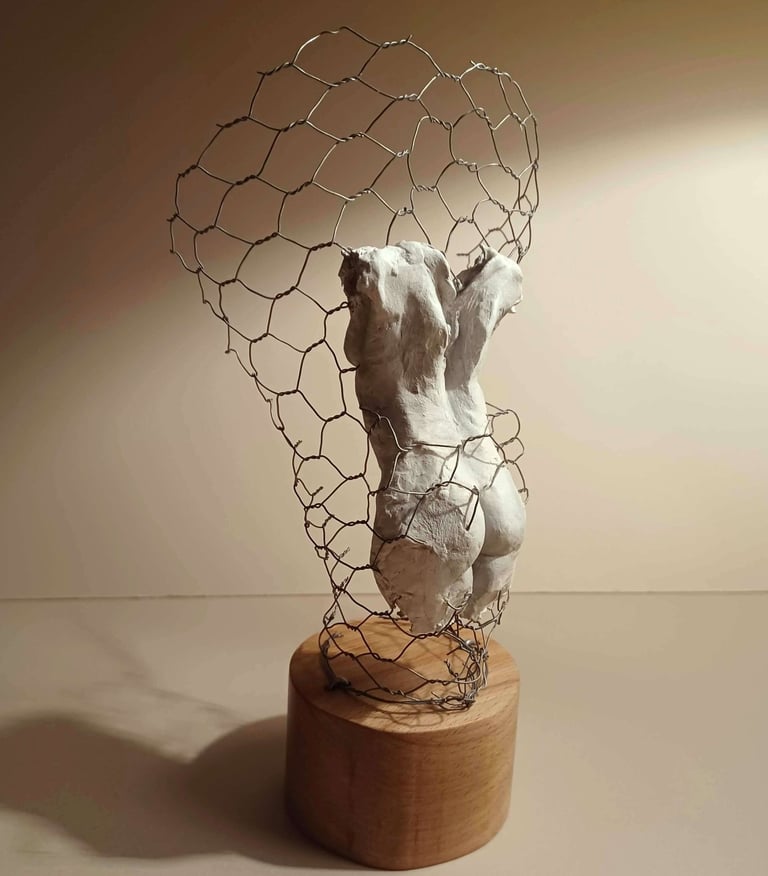 A clay female torso surrounded by wire netting, painted in neutral colours