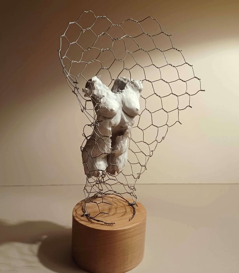 A clay female torso surrounded by wire netting, painted in neutral colours