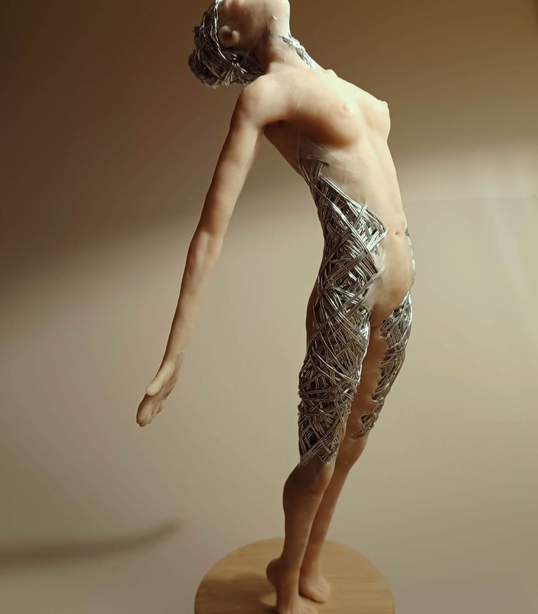 A detailed polymer clay and wire sculpture of a standing female figure, stretching with arms back