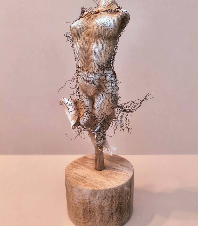 Female torso, clothed in tight fitting fabric, wrapped in torn copper wire netting