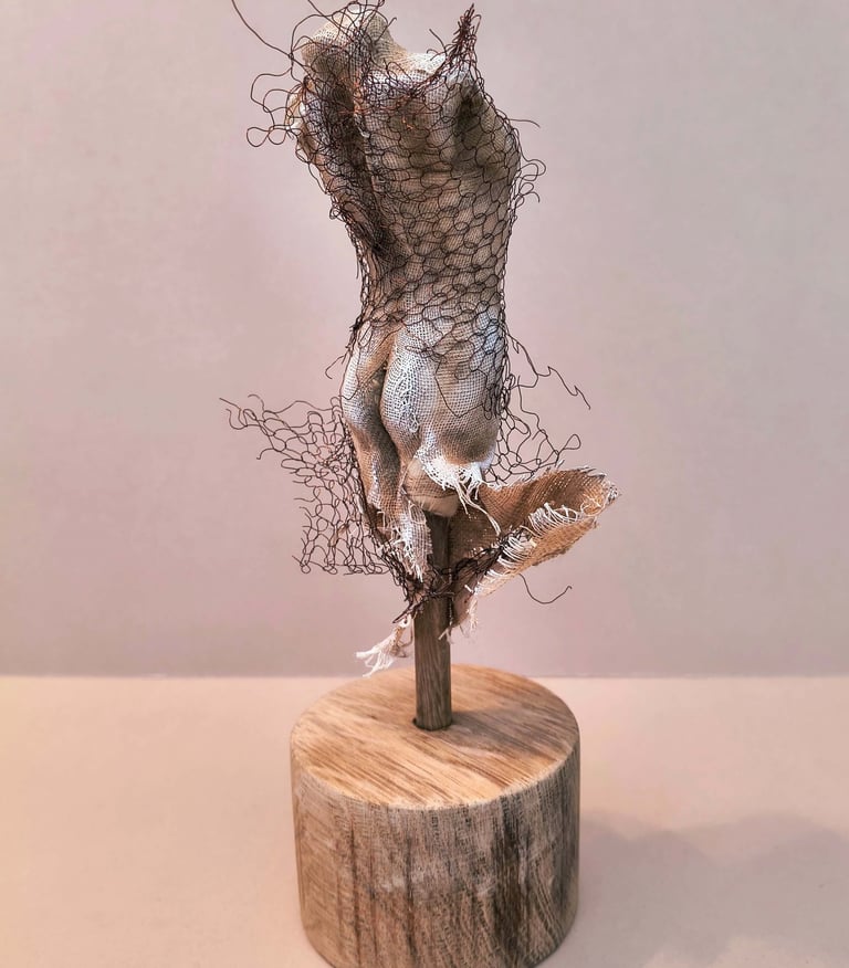 Female torso, clothed in tight fitting fabric, wrapped in torn copper wire netting