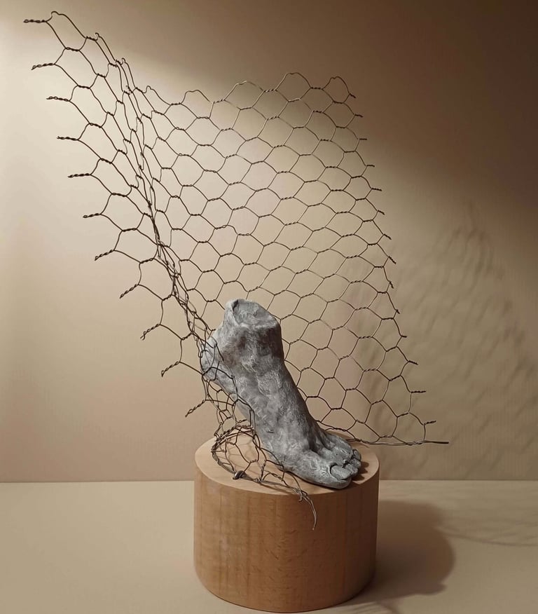 A sculpture of a single foot resting on toes, surrounded by wire netting, painted blue-greys