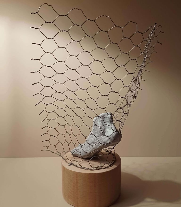 A sculpture of a single foot resting on toes, surrounded by wire netting, painted blue-greys