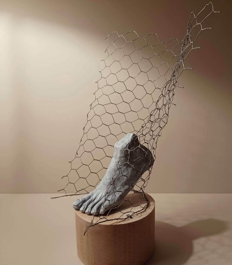A sculpture of a single foot resting on toes, surrounded by wire netting, painted blue-greys