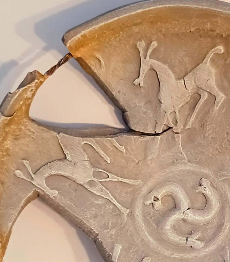 Close up of a bowl-like sculpture with embossed horse figures and symbols in rust/brown hues