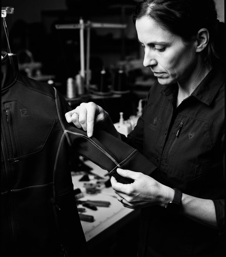 Stark high-contrast monochrome portrait of a technical designer analyzing stitching on a premium black athletic jacket, sharp studio lighting, 35mm film style.