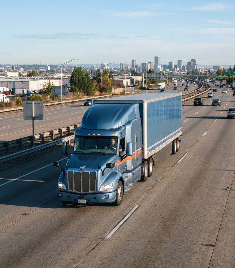 Well-maintained ALTIMAX SOLUTIONS LLC commercial truck in transit on a multi-lane highway, crisp morning daylight, cool blue and industrial orange tones, sharp focus, 35mm, wide environmental shot, driver visible.