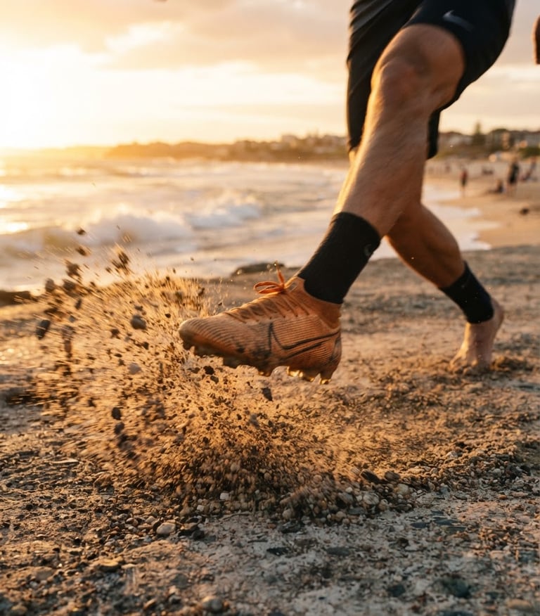 Dynamic close-up of a soccer boot kicking sand on a beachfront concrete pitch, motion blur, harsh golden hour sun, low angle, ocean in background.