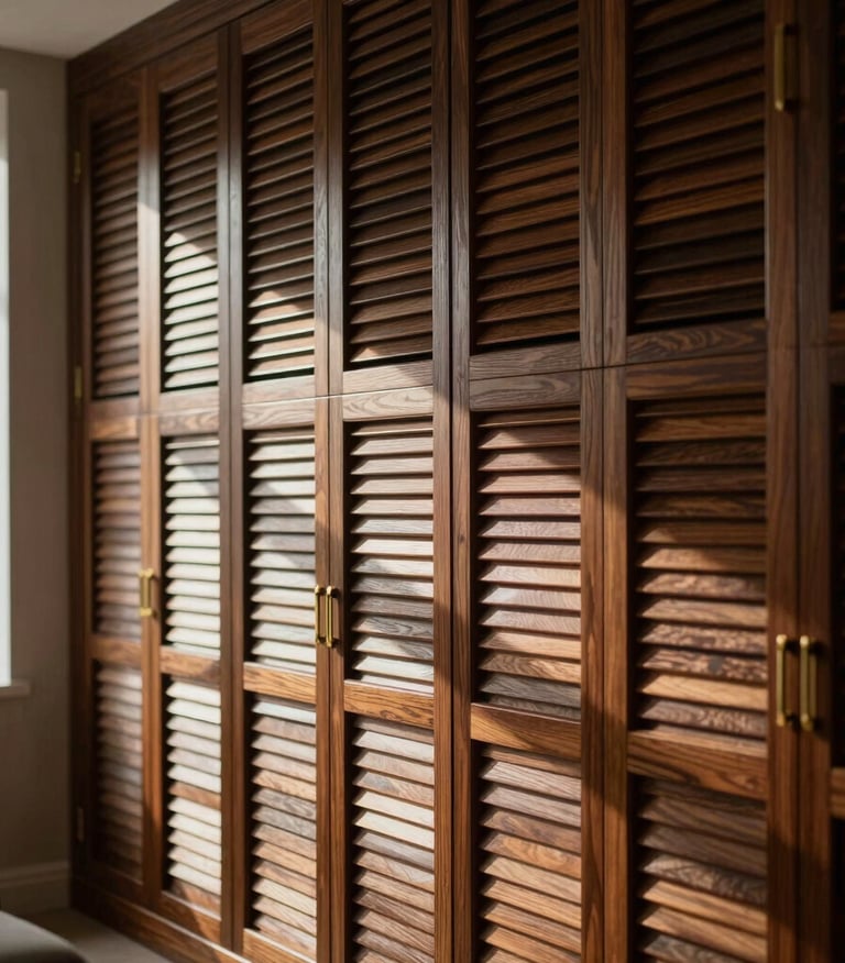Portrait shot of a modern living room featuring a striking wooden louver wall, soft natural light filtering through, deep shadows, and a luxurious, inviting atmosphere, editorial style.