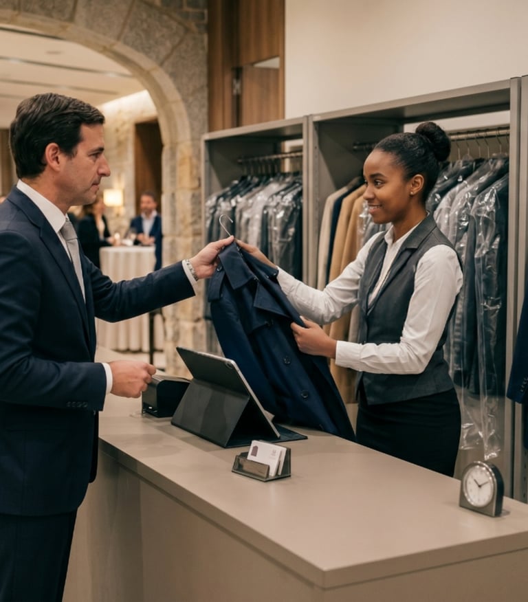 Le vestiaire rend son manteau à un homme d’affaires à la sortie d’un événement d’entreprise.