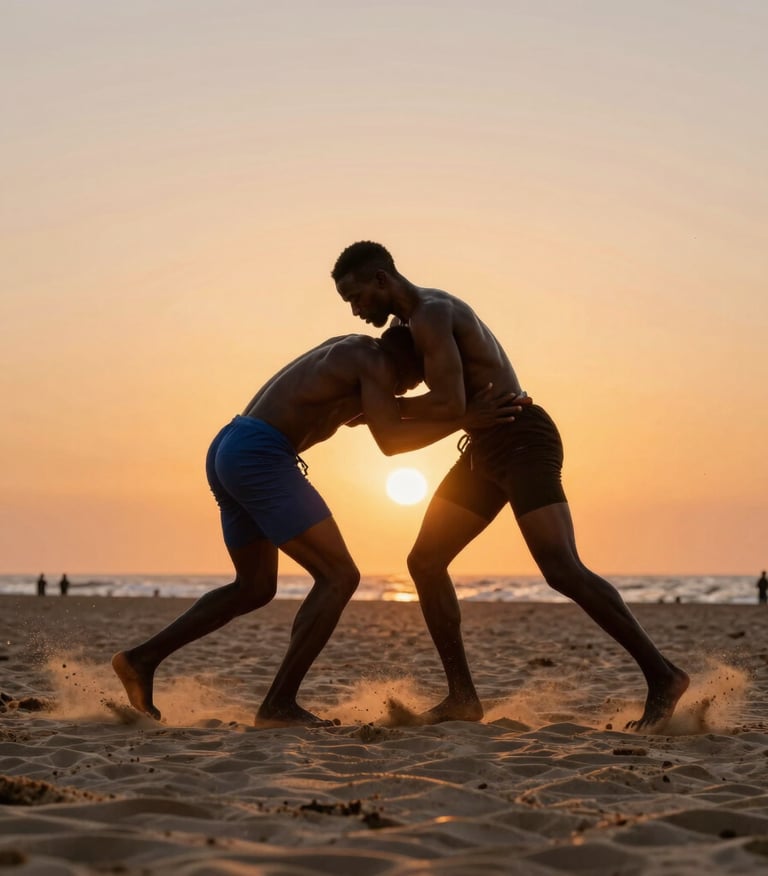 Dramatic side-lit action shot of a West African wrestler training on the beach in Dakar, orange sunset glow, muscular definition, sand flying, 35mm