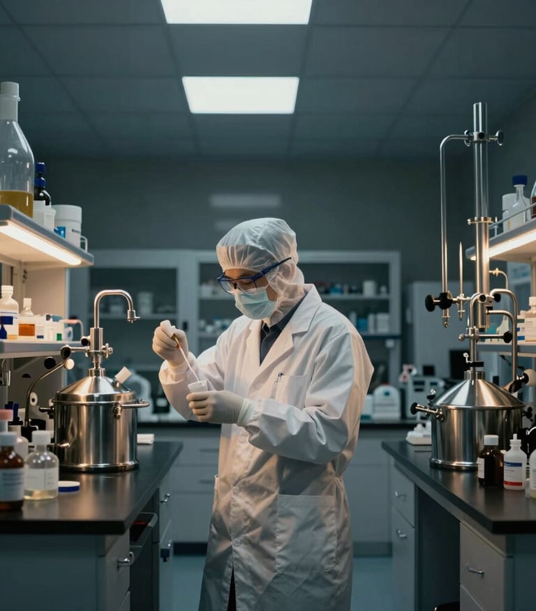 Clinical R&D laboratory environment, expert chemist in protective gear formulating dermo-cosmetics, high-end stainless steel formulation vessels, cool-toned professional lighting.