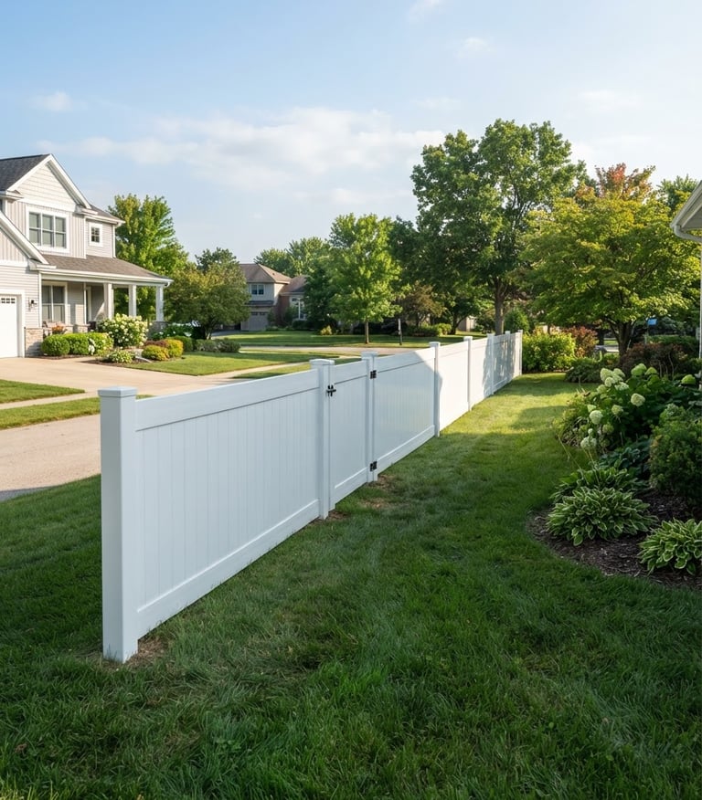 Wide panoramic shot of a newly installed, crisp white vinyl fence line defining a suburban property boundary under bright morning daylight, clean lines, sharp focus, natural colors, 35mm lens.