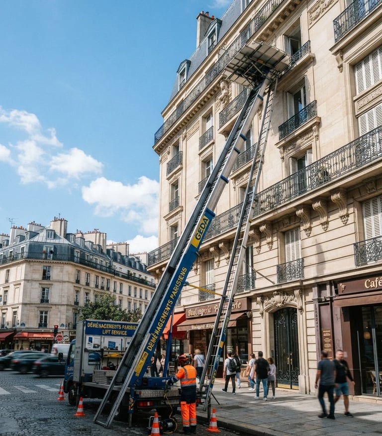 Professional furniture lift extended to a high-floor window of a Haussmann building in Paris, operator in high-visibility gear securing the perimeter, bright daylight, low-angle shot showing height and stability, clean blue and white tones.