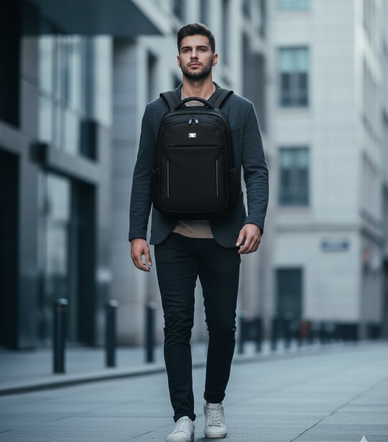 a man in a suit and a backpacker