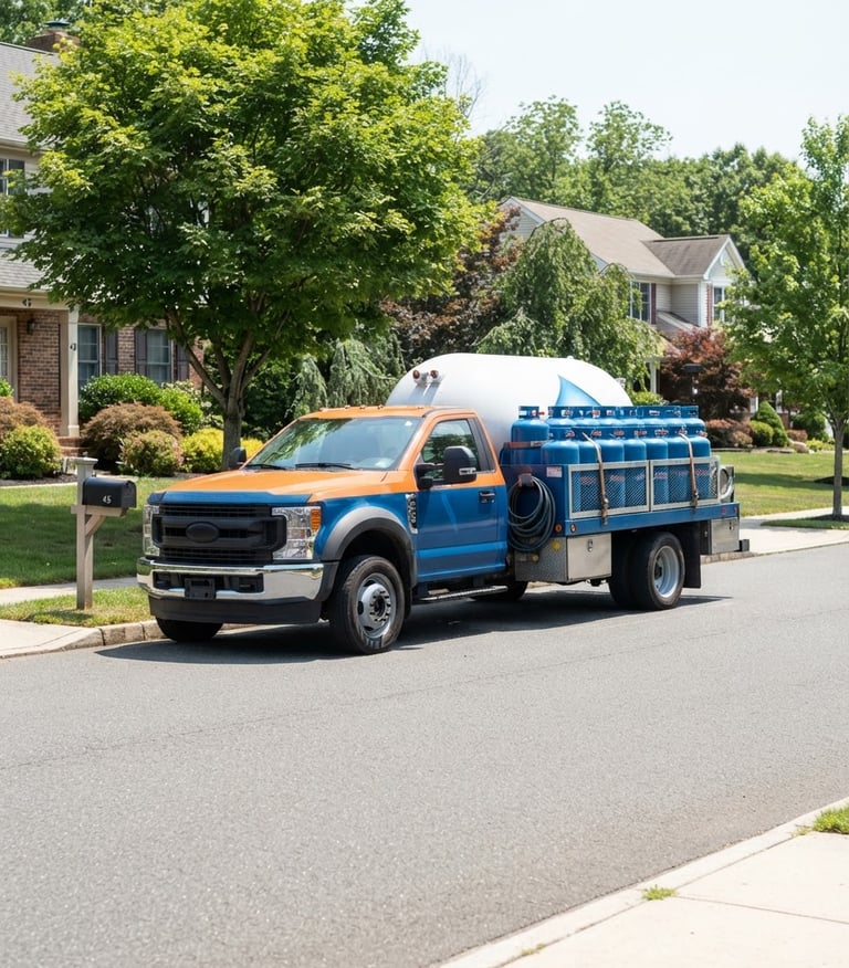Professional AmeriGas delivery truck on a suburban street, clean blue AmeriGas tanks visible, bright midday sunlight, sharp focus.