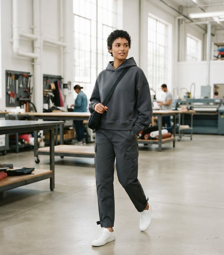 A stylish model wearing a custom drop-shoulder hoodie and cargo pants, in a clean, brightly lit industrial studio, subtle branding, crisp fabric details, professional corporate tones, 35mm.