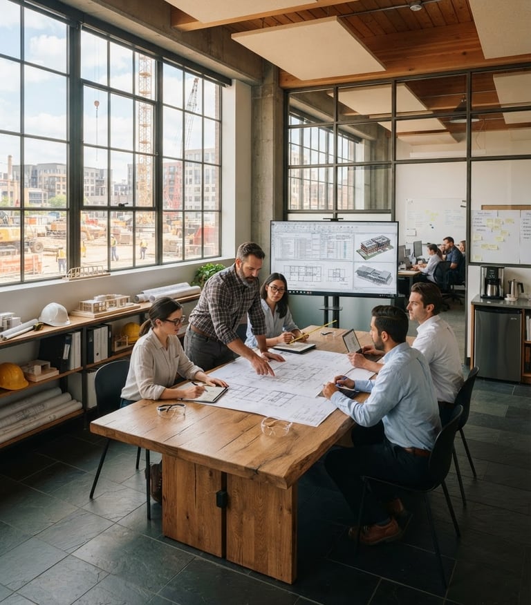 Wide shot of a modern construction office, a team of advisors reviewing blueprints and digital plans on large monitors, natural daylight, industrial slate and warm wood tones, sharp focus, architectural framing, 35mm.
