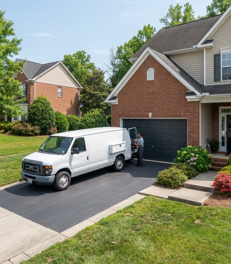 Wide shot of GCM Garage Door Repairs service truck parked in a clean residential driveway in Albemarle, NC, bright natural daylight, crisp industrial tones, sharp focus.