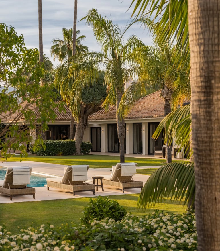 Pool terrace framed by palm trees and greenery